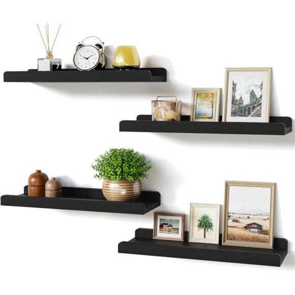 Black Floating Shelves for Wall Set of 4, Wood Wall Shelves with Lip,15.6 Inch - Picture 1 of 7